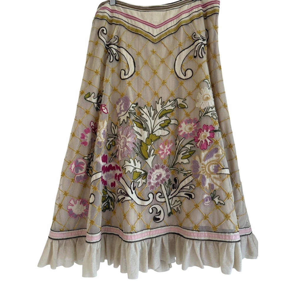 Peruvian Connection Silk Lined Floral Embroidered Mesh Skirt Sz 10 Boho Midi